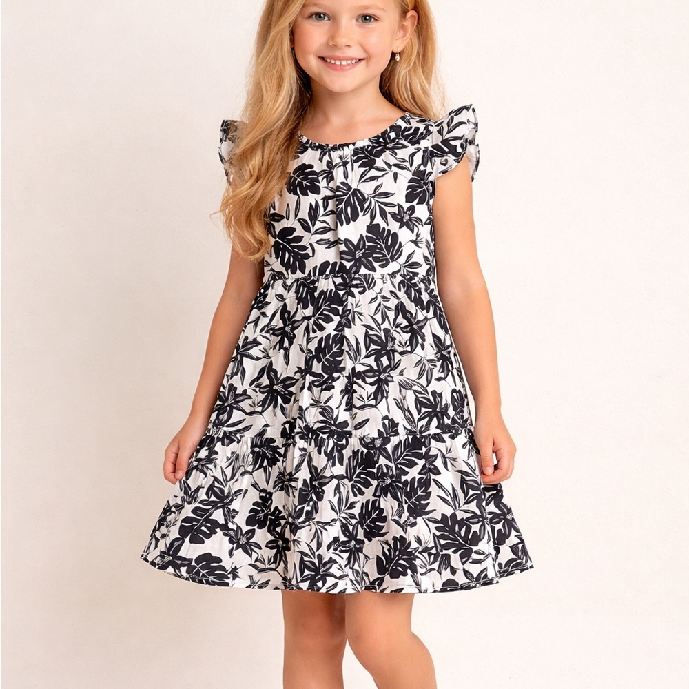 GB girls Black and White Floral Ruffle Sleeve Dress